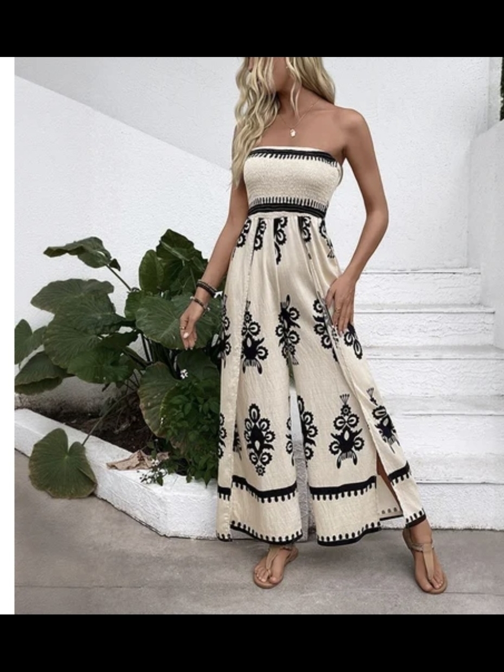 Strapless Beige Maxi Dress with Black Embroidered Motif